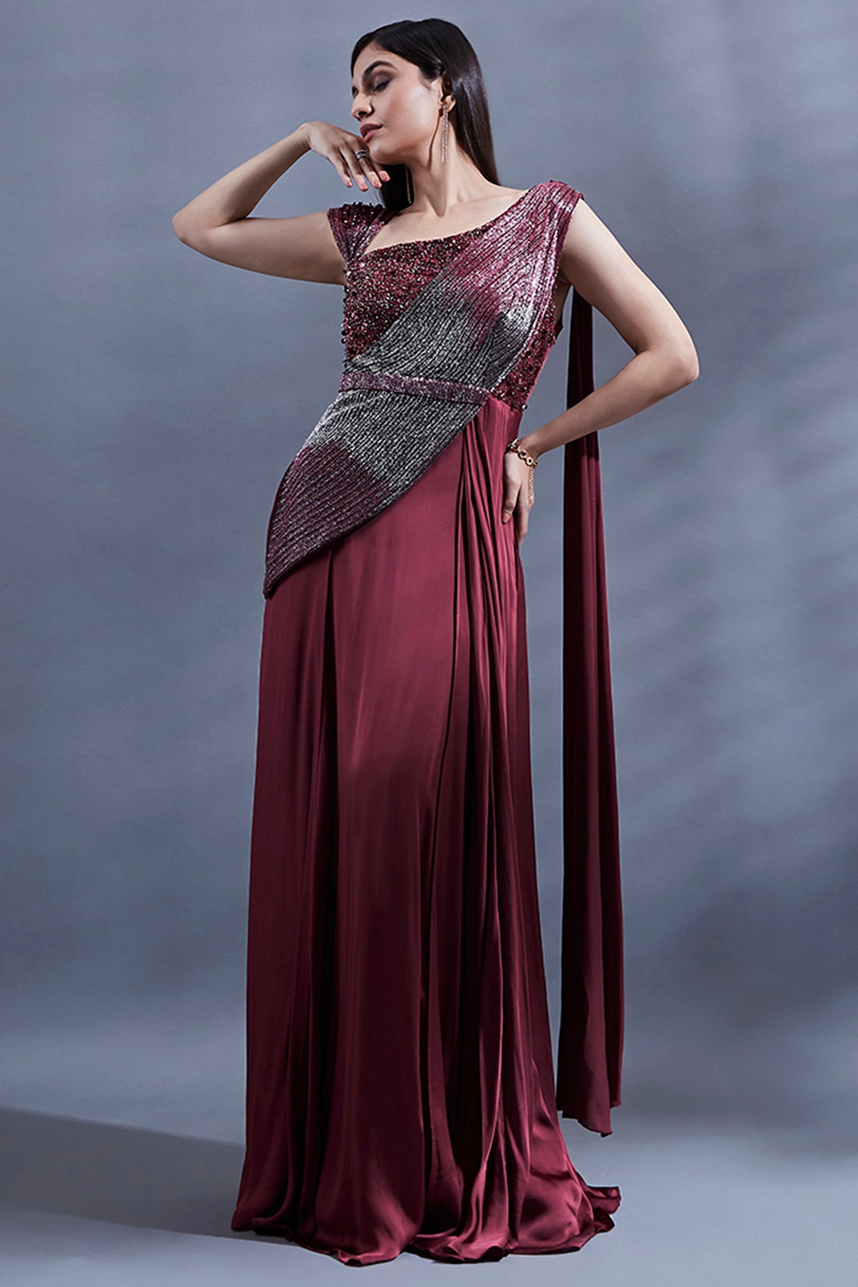 Maroon Embroidered Saree Gown Design by Nidhika Shekhar at Pernia's Pop Up  Shop 2024